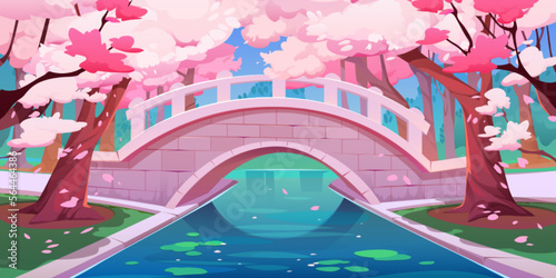 Japanese cherry garden with bridge and sakura blossom. Spring landscape of park with stone bridge over river or brook, chinese cherry trees with pink flowers, vector cartoon illustration