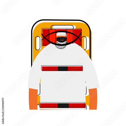 Cartoon characters of a injured victim on long spinal board with full head immobilisation on isolated background.