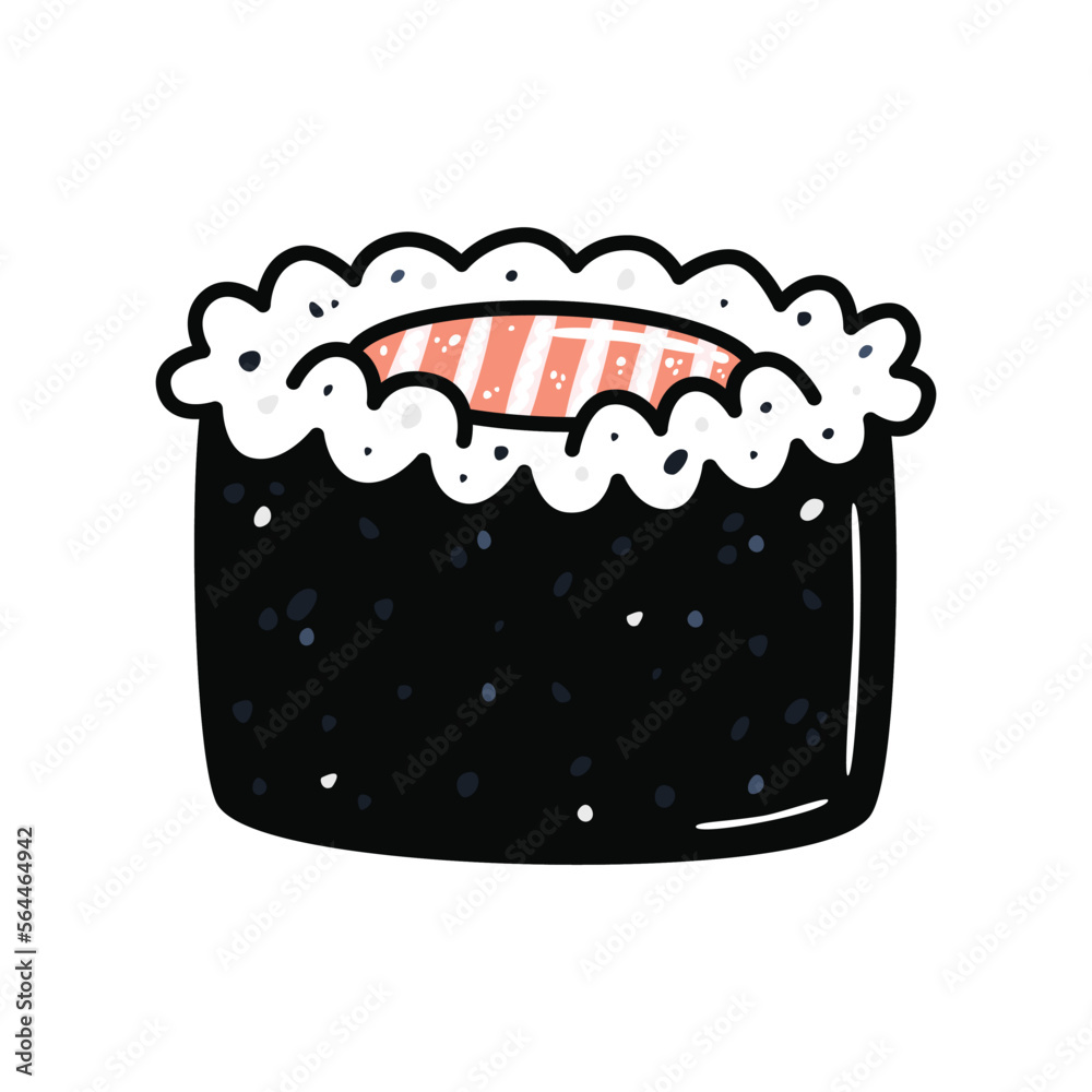 Sushi in cartoon style. Cute maki with salmon for menu Sushi in cartoon style. Cute maki with salmon for menu