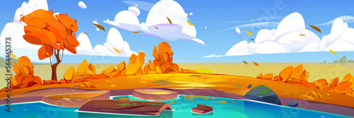 Nature autumn scene with lake. Fall landscape with orange trees, grass, bushes, pond and wooden log in water. Fields, river coast and clouds in sky, vector cartoon illustration