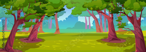 Sunny summer forest, park nature landscape. Cartoon spring wood background with green grass under trees, bushes Vector illustration