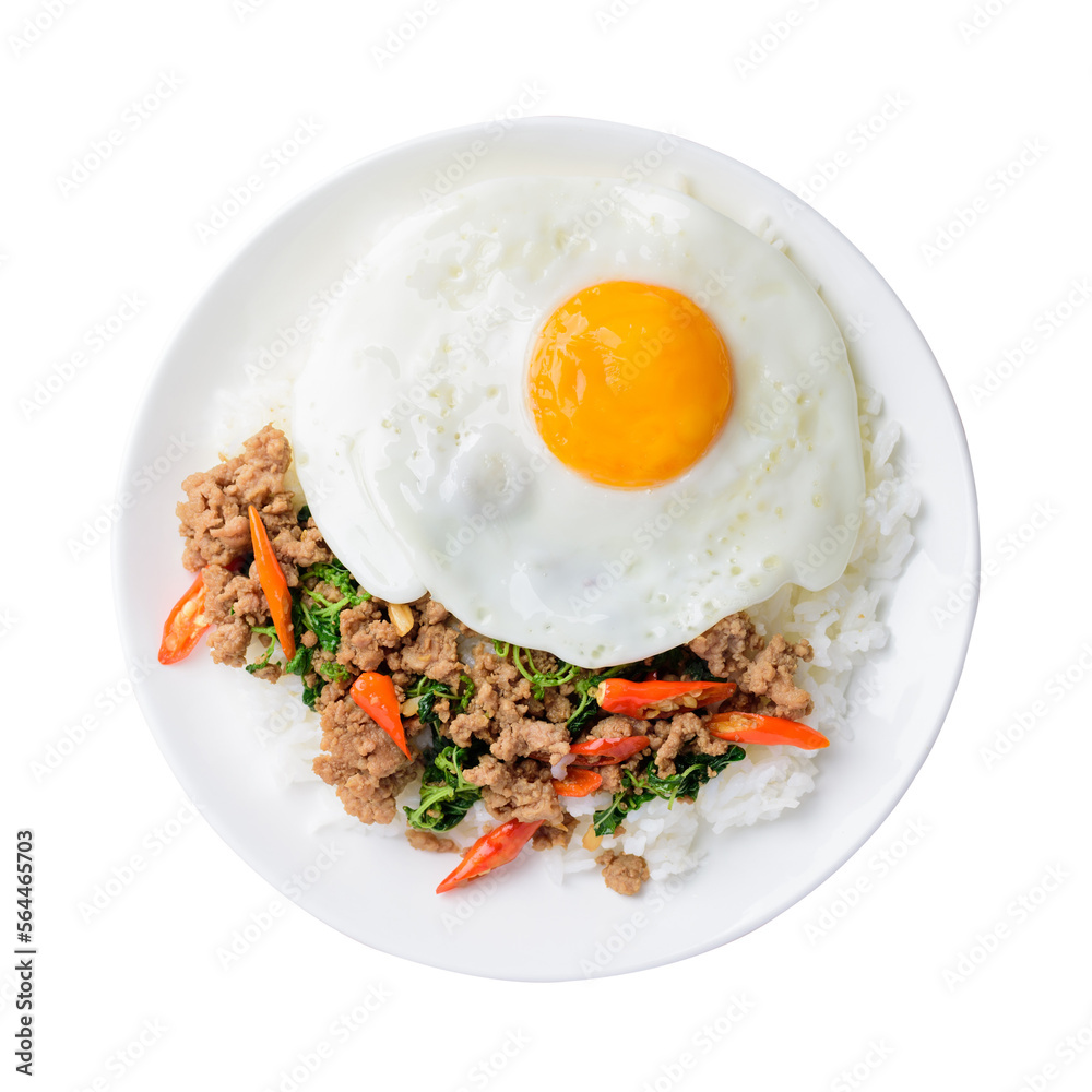 Thai food (Pad Kapao), Stir fried basil with pork and fried egg on transparent png Thai food (Pad Kapao), Stir fried basil with pork and fried egg on transparent png