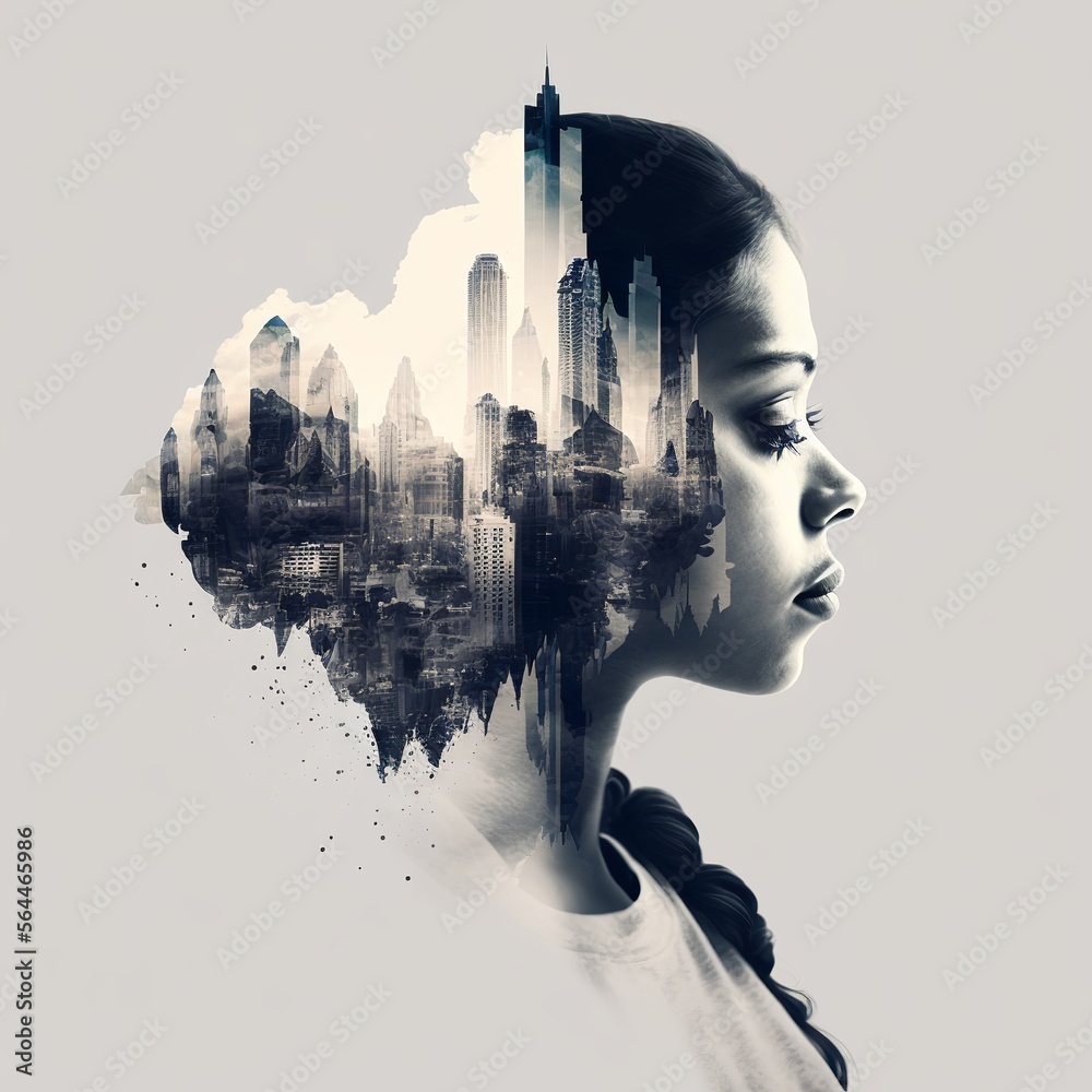 Double Exposure Illustration of a Young Woman of Color in Profile and an Urban Environment, a Generative AI Illustration