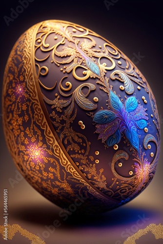 Ai generated Elegant Easter chocolate egg, decorated with baroque ornament, intricate golden details and floral engraved leaves. Filigree arabesques on gift for easter holidays