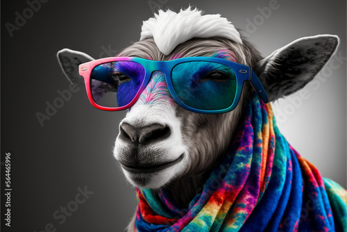 portrait of a Goat With Tie Dye Rainbow Bandana And Glasses,Generative AI