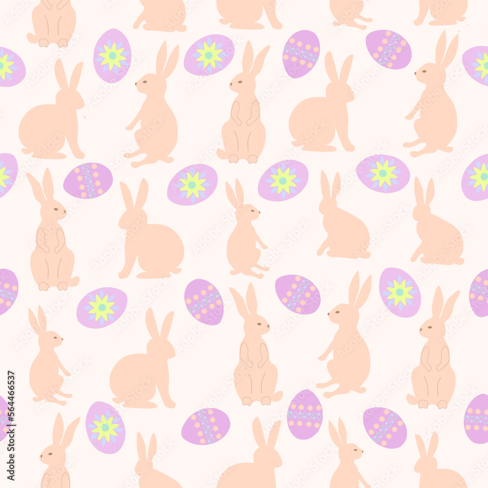 Easter seamless pattern, background, spring, cute hares, colorful eggs, pastel color. Hand drawn. Vector Easter seamless pattern, background, spring, cute hares, colorful eggs, pastel color. Hand drawn. Vector