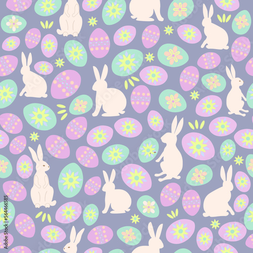 Easter seamless pattern, background, spring, cute hares, colorful eggs, pastel color. Hand drawn. Vector