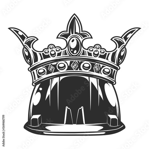 Royal king crown and business builder hard hat from new construction and remodeling house in vintage monochrome style illustration