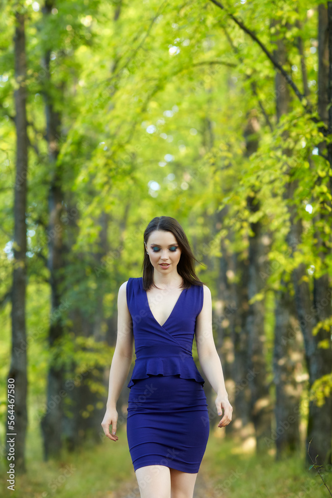 Female in blue dress walking along autumn linden tree alley. Female in blue dress walking along autumn linden tree alley.