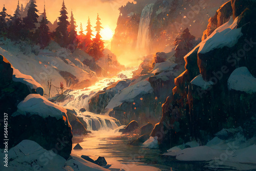 美麗で幻想的な雪国系背景のイラスト(AI generated image)
