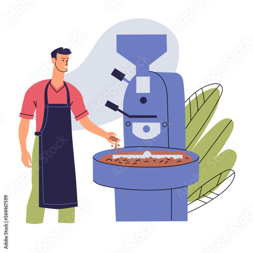 Man roasts coffee beans in a roaster machine. Coffee production concept. Worker works with industrial equipment. Flat style isolated on white background. Vector illustration.