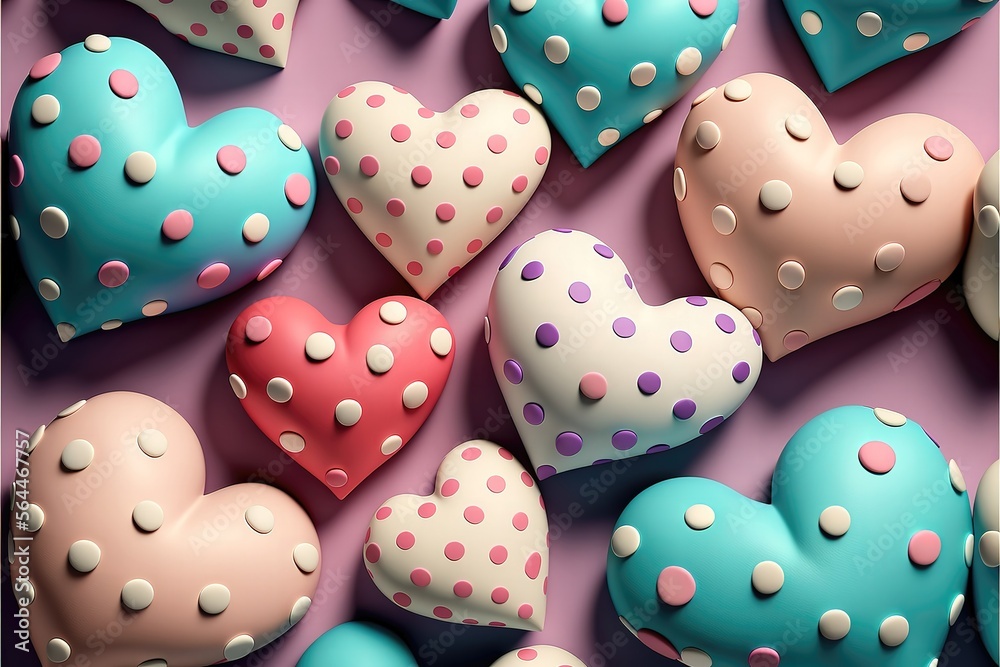 Multicolored Heart background. Valentine Wallpaper with Pink, Polka Dot and Striped love hearts