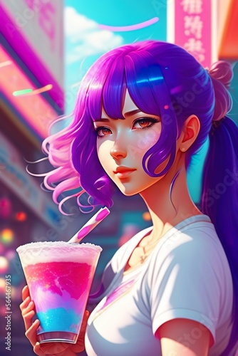 Cute pretty girl purple and pink hair outside a cafe drinking a milkshake