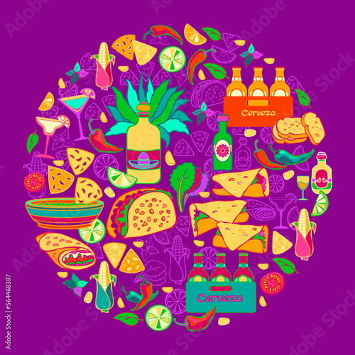 Mexican colorful symbols isolated on brown. Fiesta circle pattern. Vector.