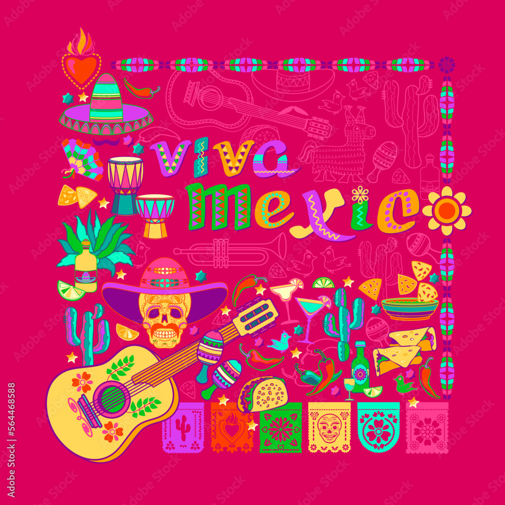 Viva Mexico pattern. Mexican colorful symbols isolated on pink. Vector.
