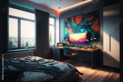 a duotone, pink and white large bedroom, well iluminated with a sunset light, big bed, big tv, a confortable working desk, a big window with a beautiful view