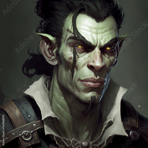 A photorealistic, medieval-style bust portrait of a Half-Orc male of exceptional beauty & high intelligence, dressed as an aristocrat & carrying art supplies.