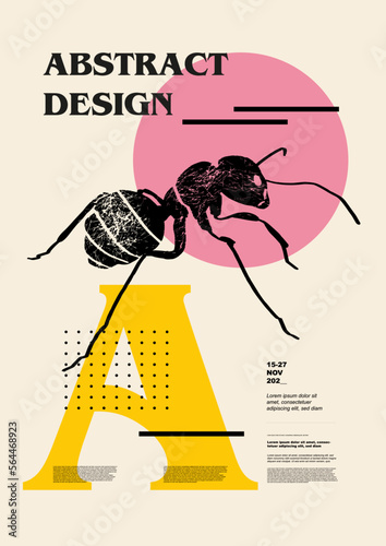 Ant, ammet, pismire. Vector poster with insects. Engraving illustrations and typography. Background images for cover, banner