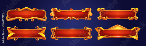Medieval buttons, ui game menu elements, red oblong banners and gold ornate rims. Empty royal gui bars for rpg or arcade, golden borders, web design interface Cartoon 3d vector illustration, set