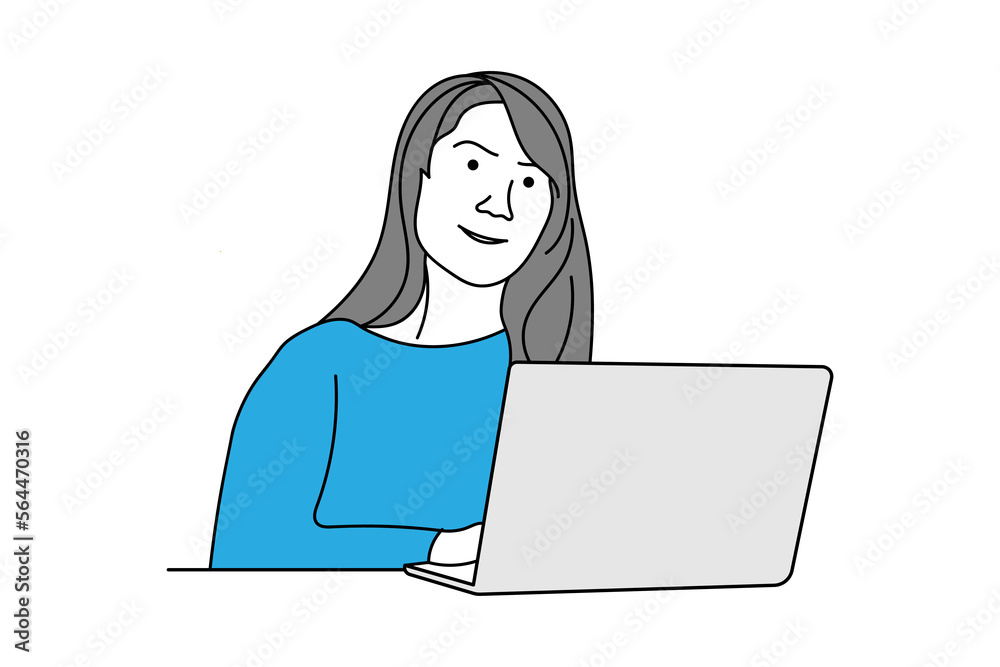 Illustration of a flat character happy girl laptop use line art vector design white background Illustration of a flat character happy girl laptop use line art vector design white background