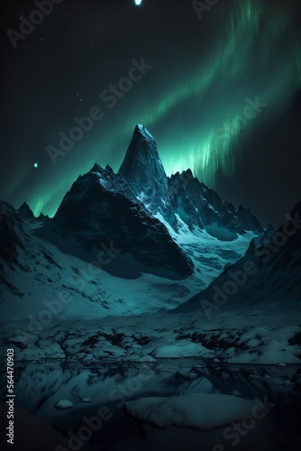 Majestic View of the Shimmering Aurora Borealis - the Northern Lights - over the Mountains as they Light Up the Evening. A Generative AI Illustration