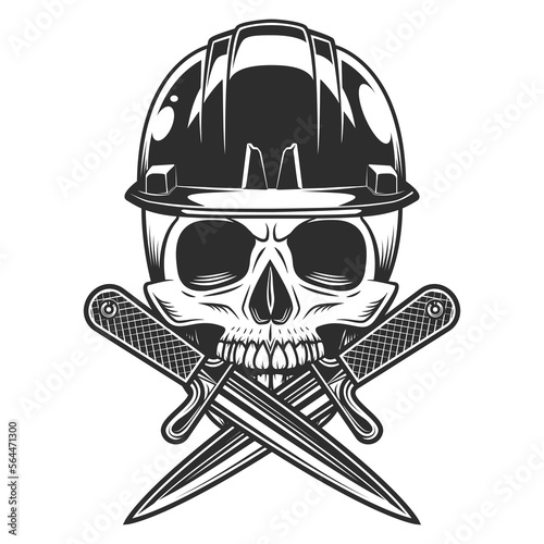 New construction builder skull with crossed knife, hard hat business business remodeling house vintage style illustration