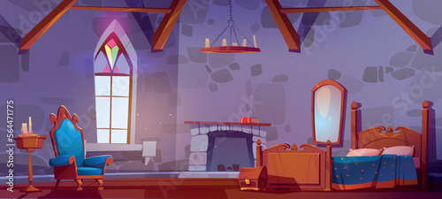 Medieval castle bedroom interior design with furniture. Vector cartoon illustration of ancient room with stone walls, antique wooden bed, armchair, mirror, chest, table with candles and fireplace