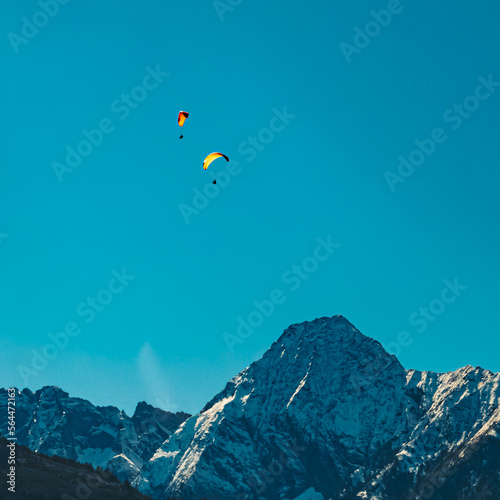 Beautiful alpine summer view with paragliders at the famous Zillertal valley, Mayrhofen, Tyrol, Austria
