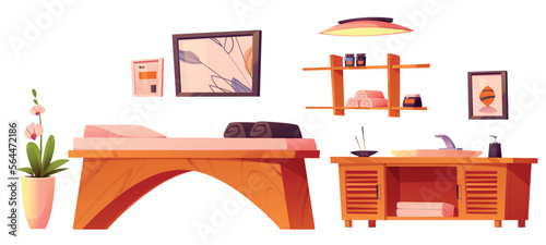 Spa salon, massage room equipment for body therapy and relax. Beauty cabinet interior set with modern massage table, tissues, sink, shelf, lamp, flower and pictures, vector cartoon illustration
