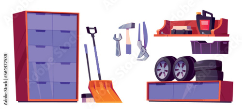 Garage, workshop or storage room interior set with repair tools, car tyres, snow shovel, broom, toolbox on shelf and cabinet isolated on white background, vector cartoon illustration