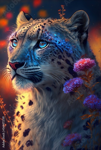 Mythical white fur spotted leopard; elusive and rarely seen ancient forest guardian and protector, stealthy and perfectly camouflaged. Piercing gaze with regal posture - generative AI illustration.