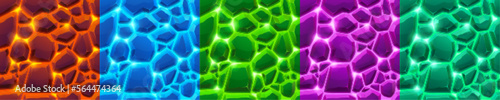 Volcanic lava and stone textures. Seamless patterns with colored hot liquid magma flows and cracked stone ground. Fantasy background with glowing lava in top view, vector cartoon illustration