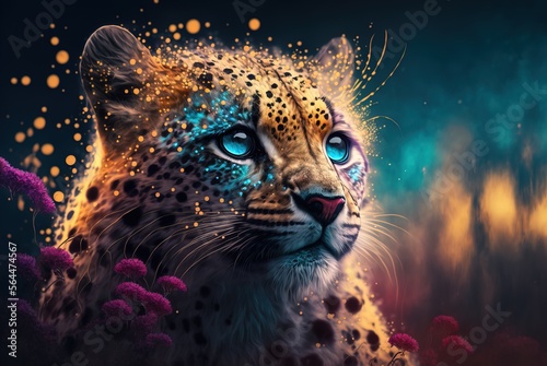 Mythical white fur spotted leopard  elusive and rarely seen ancient forest guardian and protector  stealthy and perfectly camouflaged. Piercing gaze with regal posture - generative AI illustration.