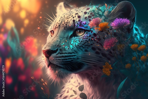 Mythical white fur spotted leopard  elusive and rarely seen ancient forest guardian and protector, stealthy and perfectly camouflaged. Piercing gaze with regal posture - generative AI illustration. © SoulMyst