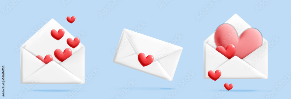 Set of 3d vector cartoon cute style romantic love valentine white gift mail letter with hearts shapes inside envelope icons design Set of 3d vector cartoon cute style romantic love valentine white gift mail letter with hearts shapes inside envelope icons design