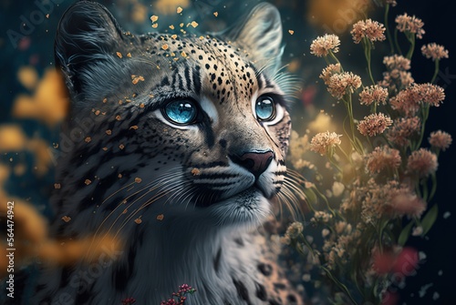 Mythical white fur spotted leopard  elusive and rarely seen ancient forest guardian and protector  stealthy and perfectly camouflaged. Piercing gaze with regal posture - generative AI illustration.