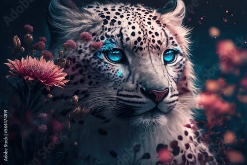 Mythical white fur spotted leopard  elusive and rarely seen ancient forest guardian and protector  stealthy and perfectly camouflaged. Piercing gaze with regal posture - generative AI illustration.