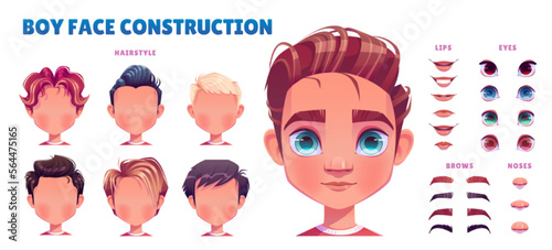 Boy avatar construction set. Child face creation with head parts, eyes, lips with different emotions, noses, hairstyles, brows isolated on white background, vector cartoon set