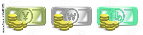 3d set of vector cartoon financial icons. Stylistic banknotes and coins. Yen, rial and won signs