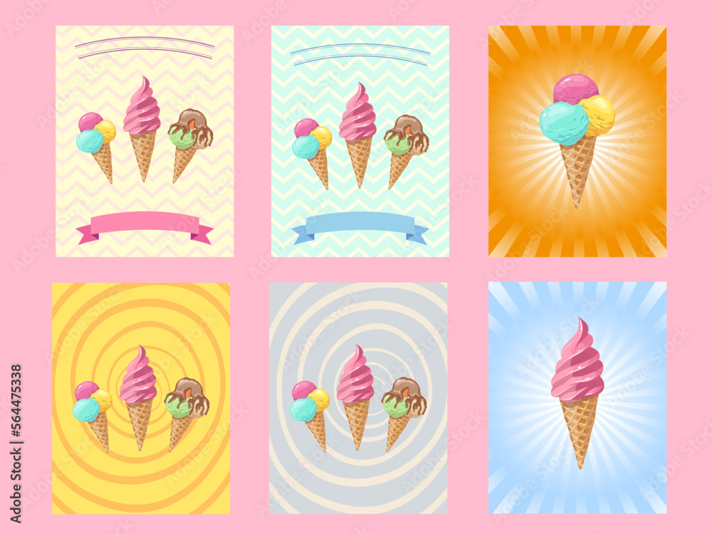 Set of bright banners with ice cream illustrations. Template advertising placards design. Hand drawn vector clip art. 