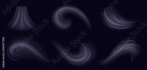 Wind effect, air, smoke or white mist flows isolated on transparent background. Abstract overlay effect of wind swirls, cold air stream and spread, vector realistic illustration
