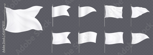 White flags and pennants on poles mockup. Blank fabric banners triangle, rectangle and corner shape on steel stand isolated on transparent background, vector realistic set