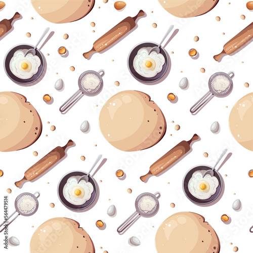 Seamless pattern with Dough, eggs, rolling pin and flour sieve. Baking, bakery shop, cooking, sweet products, dessert, pastry concept. Perfect for product design, scrapbooking, textile.