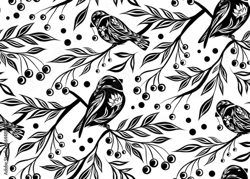 Vector seamless decorative pattern with birds and rowan berries on branches. Black tracery texture with bullfinches in the bushes on white background.
