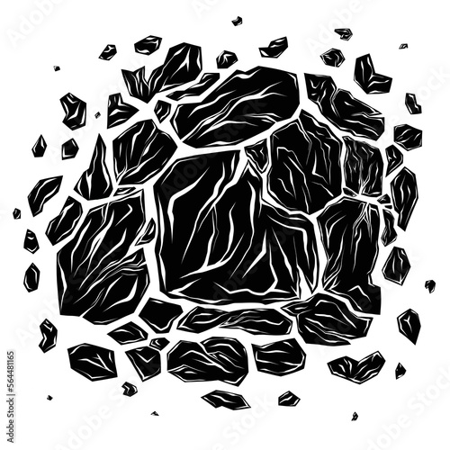 Vector monochrome illustration of broken stones. Clipart black silhouette smashed rocks with cracks. Earthquake danger.