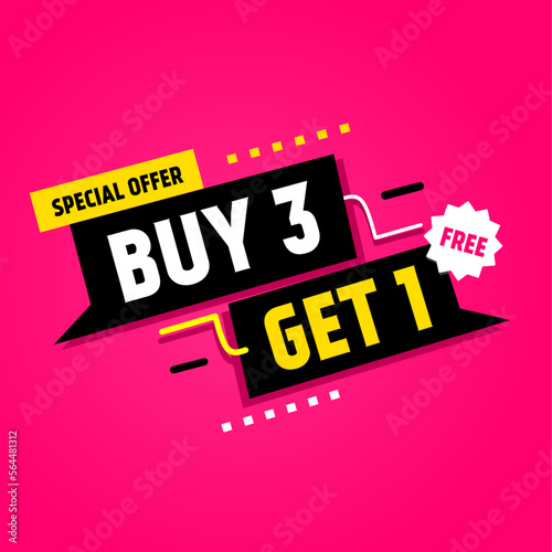 Buy 3 get 1 free banner design. Special offer. Sale banner design. Flat style vector illustration