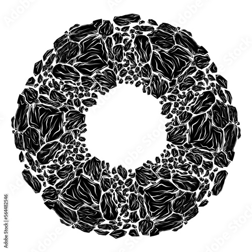 Vector round frame of monochrome broken stones and copy space. Earthquake danger. Black silhouette of circle clipart smashed rocks with cracks