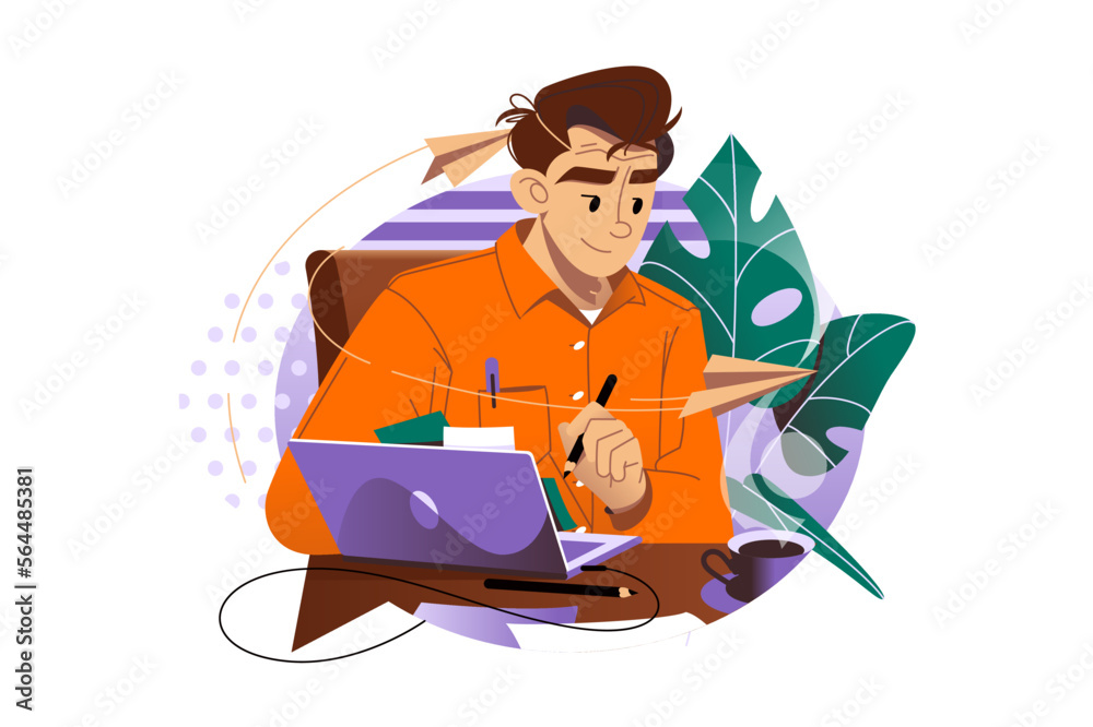 Character man working on project in office