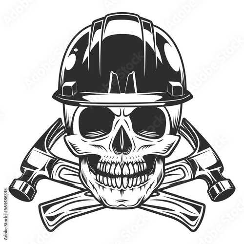 Skull and crossed builder hammers with hard hat from new construction and remodeling house business vintage style isolated vector illustration