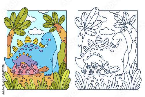 Cute cartoon colouring book page with Stegosaurus dinosaur mom and baby.